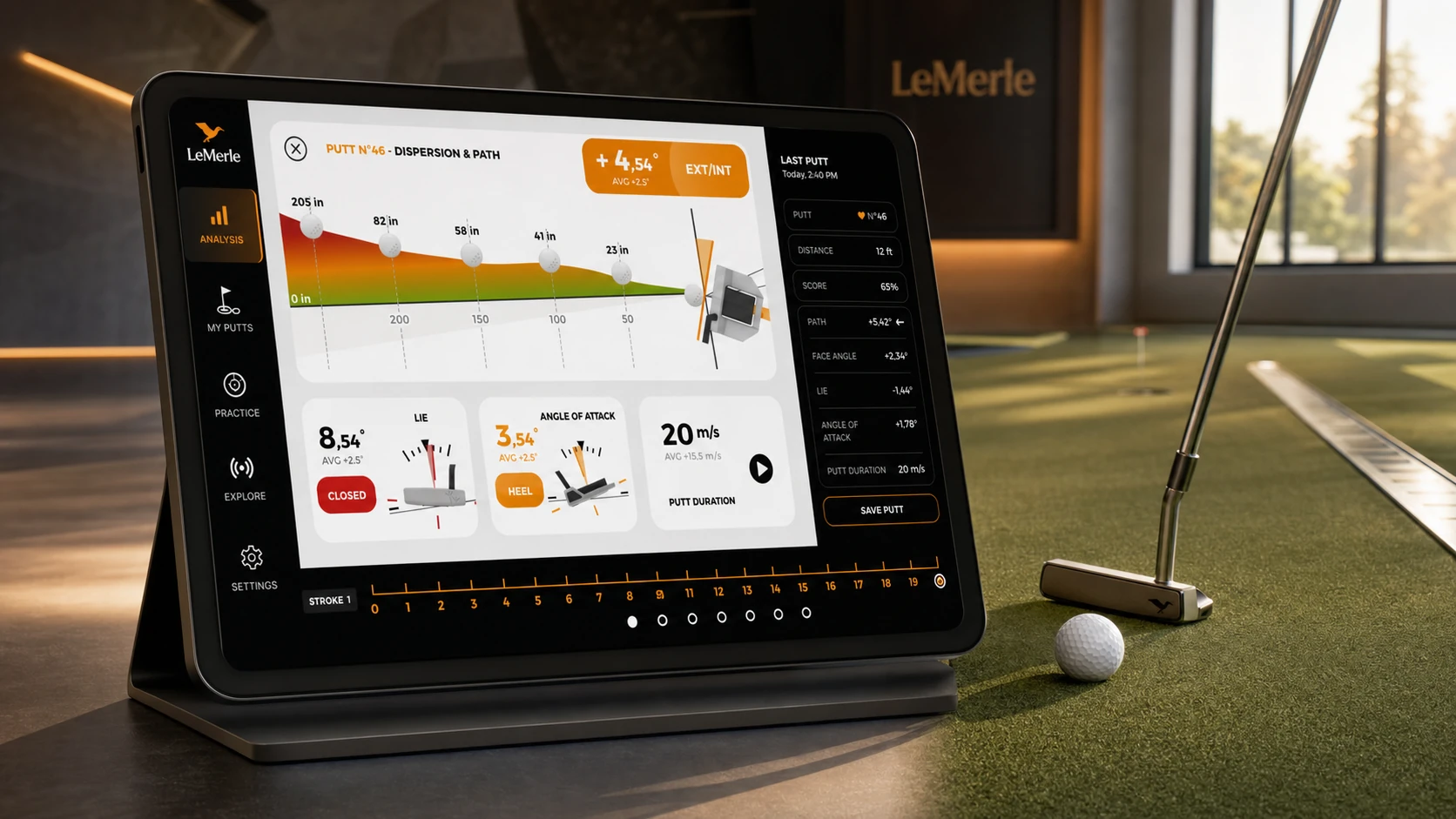 Analyse détaillée d’un putt LeMerle affichée dans une tablette au sein d’un laboratoire de golf