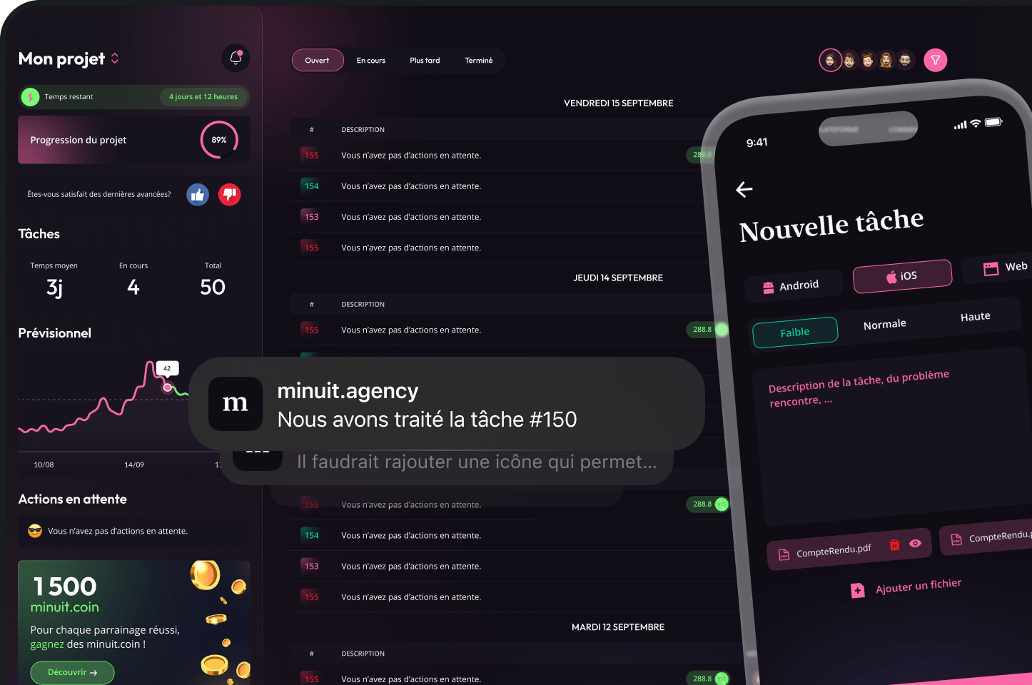 Apercu du suivi de projet sur mobile